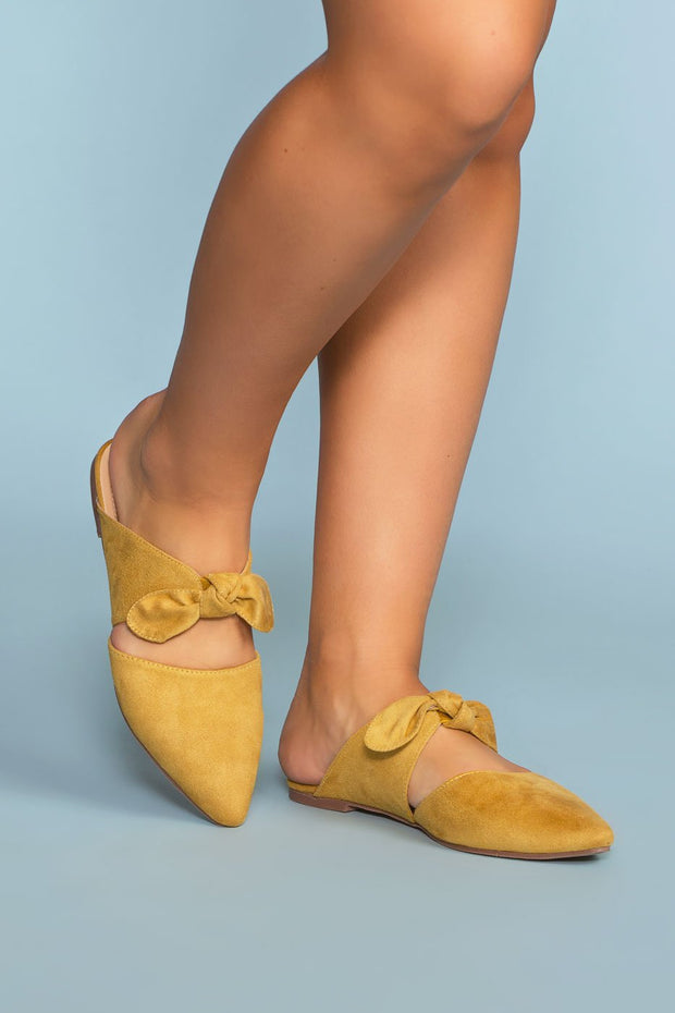 Shoes - Fiona Bow Pointy Toe Mules - Mustard