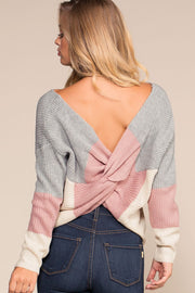 Women's Twist Back V Neck Color Block Sweater Top