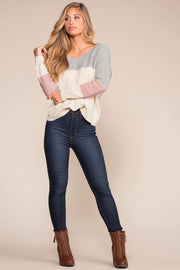 Women's Twist Back V Neck Color Block Sweater Top