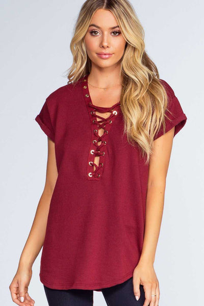 Tops - Brooke Lace Up Top - Burgundy