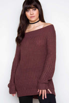 Tops - Looking Up Off The Shoulder Sweater - Plum