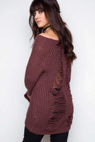 Tops - Looking Up Off The Shoulder Sweater - Plum