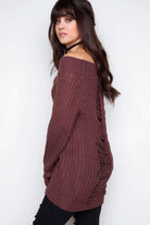 Tops - Looking Up Off The Shoulder Sweater - Plum