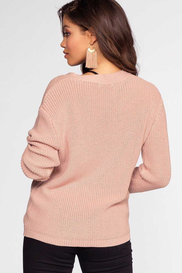 Tops - Lyla Lace Up Sweater - Light Mauve