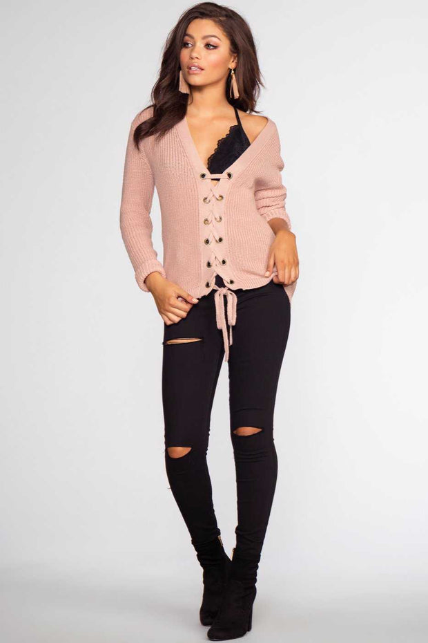 Tops - Lyla Lace Up Sweater - Light Mauve