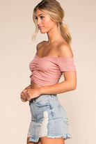 Tops - Sweet Ivy Off The Shoulder Ruched Crop Top - Pink